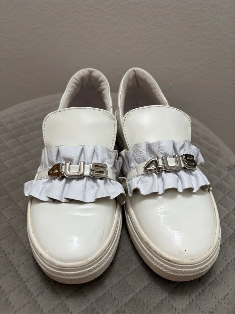 Cesare Paciotti White Patent Leather Slip-Ons with Ruffle Detail